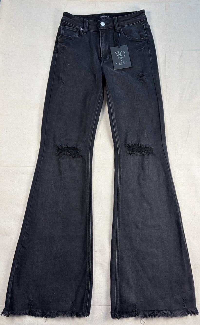 RISEN x Wild Oak Boutique Jeans Womens 3/26 Black Flare Distressed Raw Hem NWT